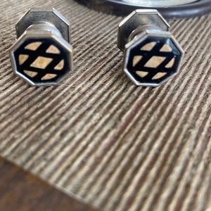 1920’s Jem Link Art Deco hexagon silver tone cream & black snap back cuff links